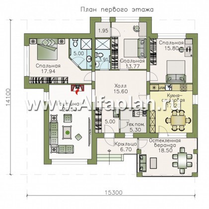 Проекты домов Альфаплан - «Аонида» - одноэтажный коттедж с остекленной верандой - превью плана проекта №1