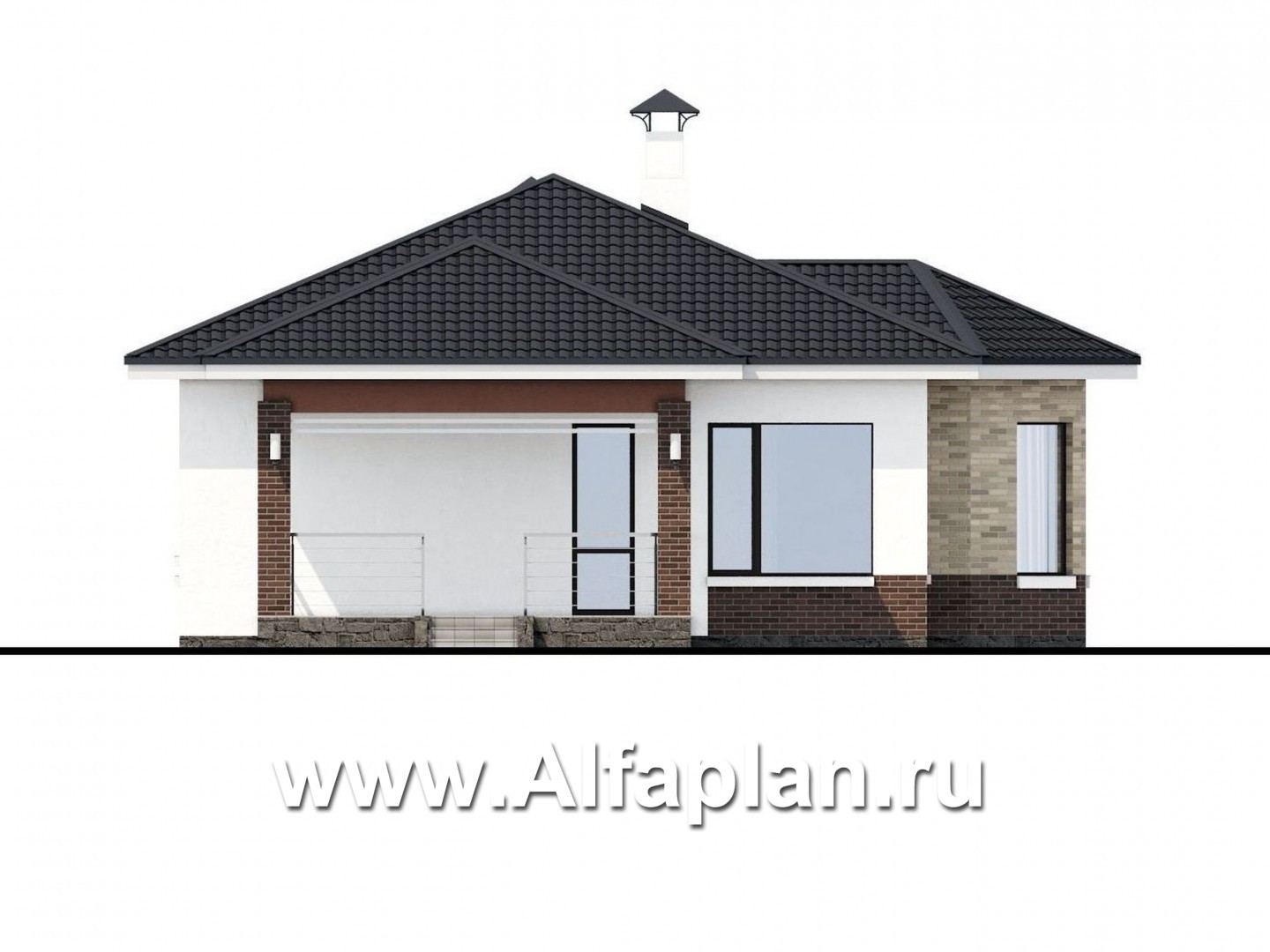 Проекты домов Альфаплан - «Гемера» - стильный одноэтажный дом с эркером и гаражом-навесом - изображение фасада №3