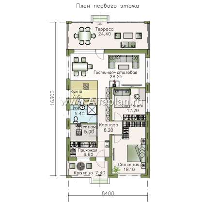 Проекты домов Альфаплан - «Каллиопа» - одноэтажный дом для узкого участка с двумя спальнями - превью плана проекта №1