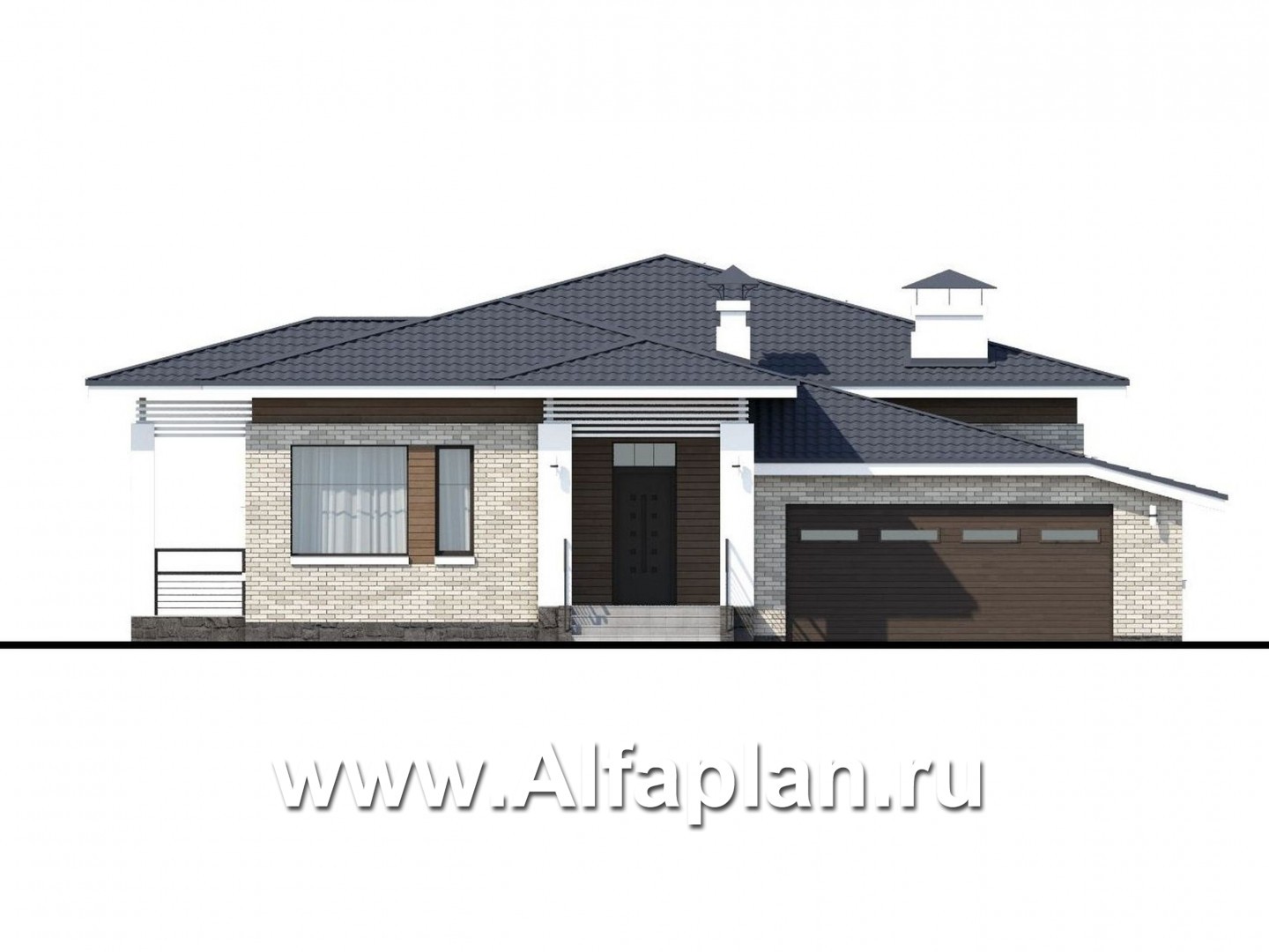 Проекты домов Альфаплан - «Днестр» - одноэтажный коттедж с большим гаражом и террасой - изображение фасада №1