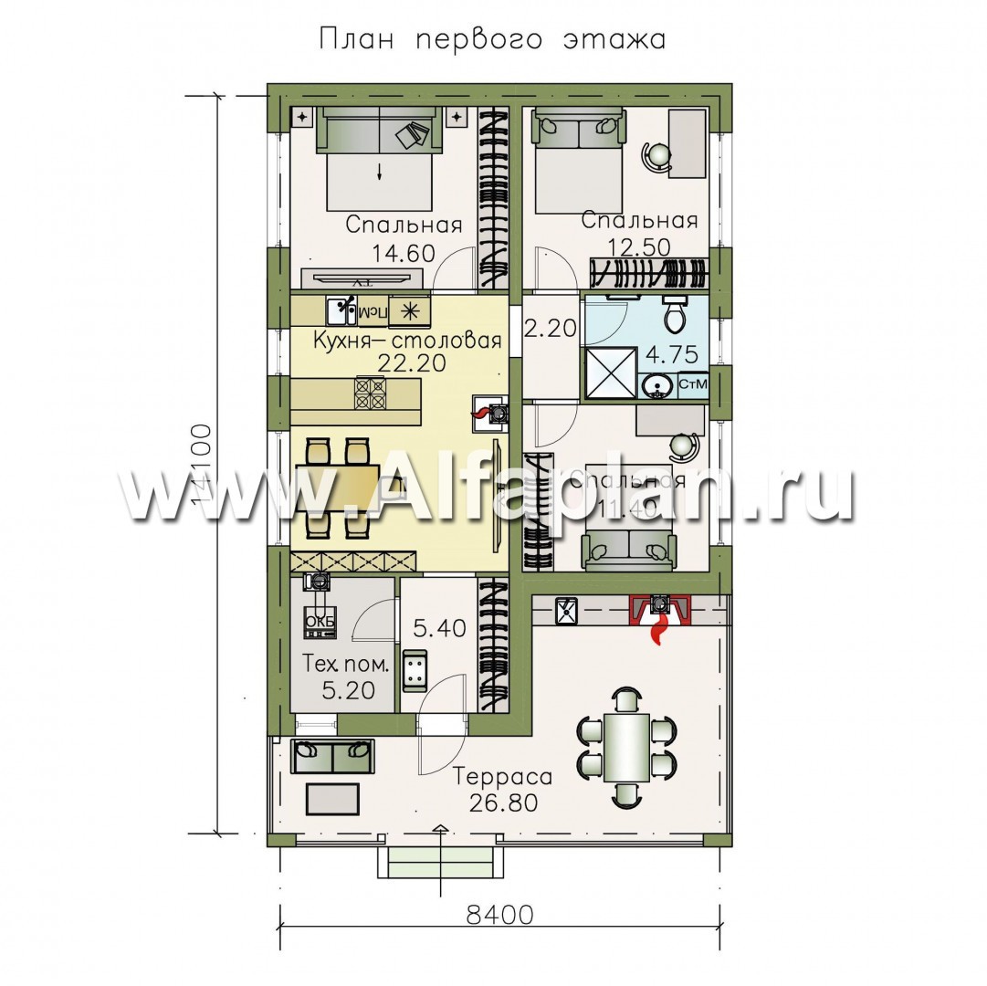 Проекты домов Альфаплан - «Мелета» - уютный одноэтажный дом с тремя спальнями - изображение плана проекта №1