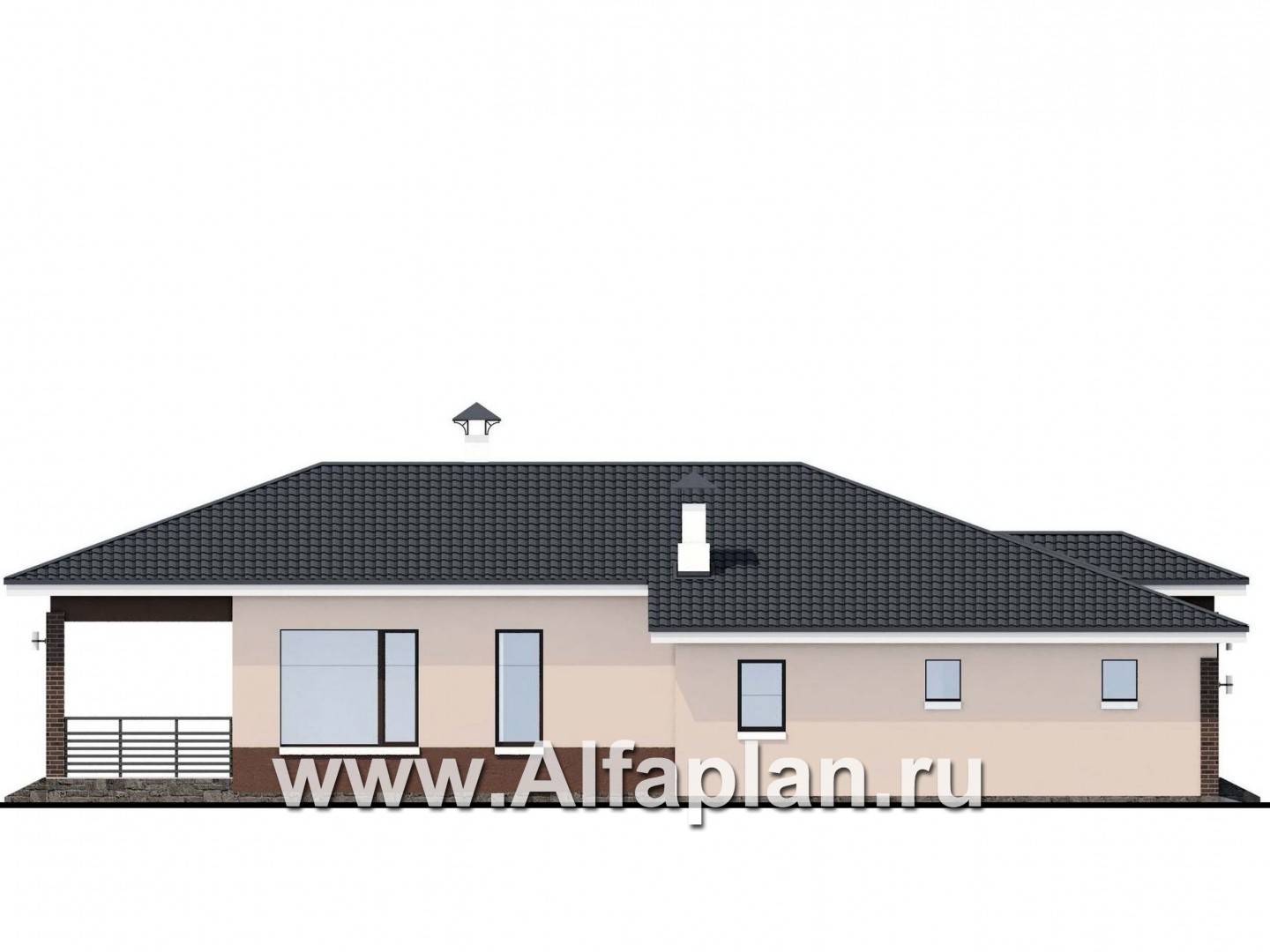 Проекты домов Альфаплан - «Каллиопа» - одноэтажный дом с террасой и гаражом (три спальни) - изображение фасада №3