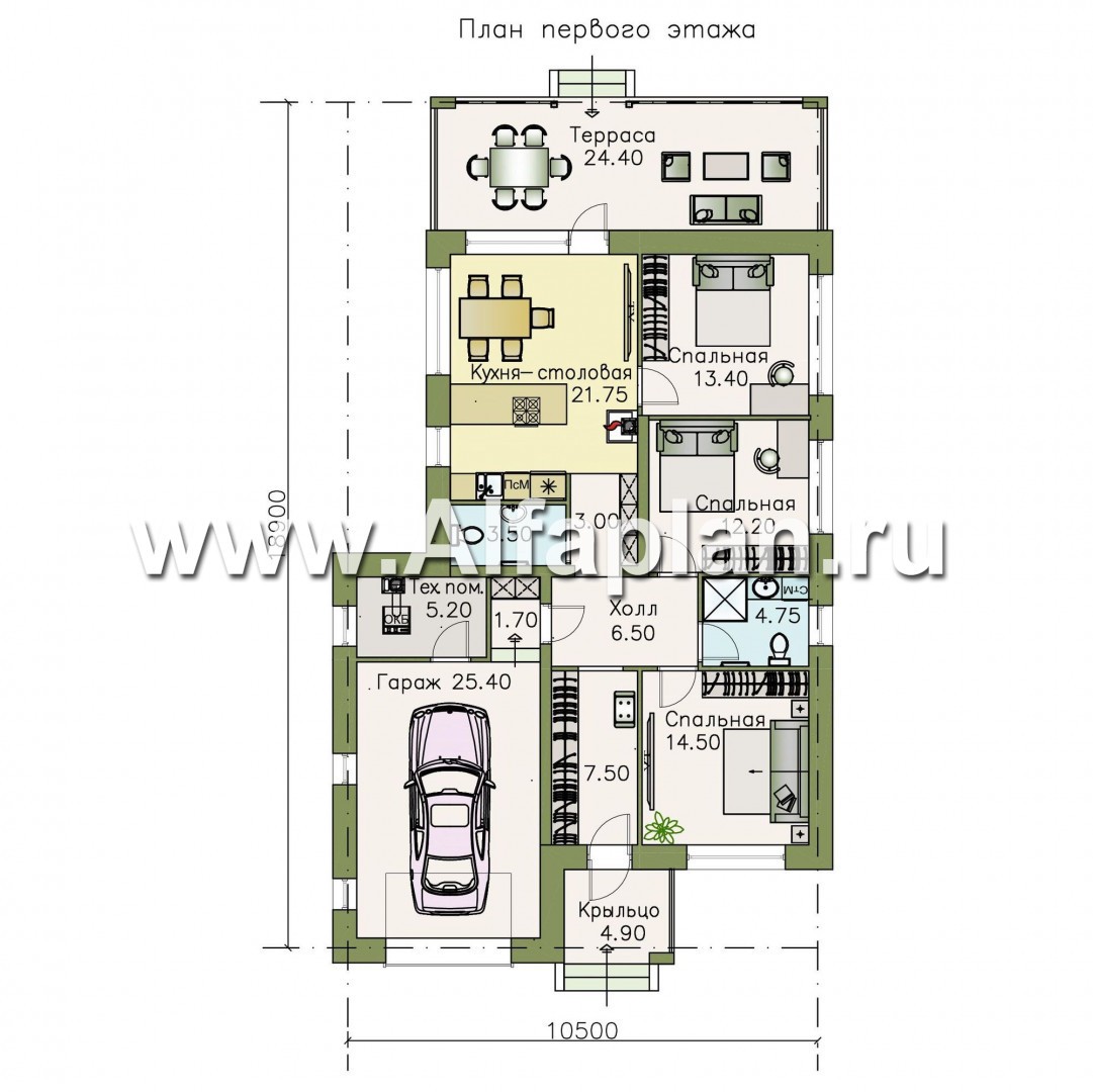 Проекты домов Альфаплан - «Каллиопа» - одноэтажный дом с террасой и гаражом (три спальни) - план проекта №1