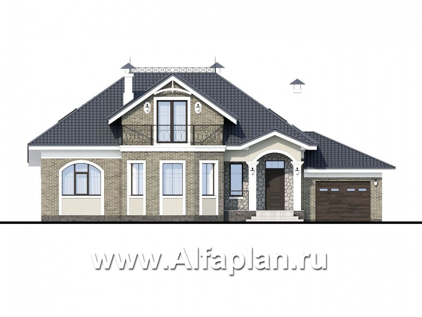 Проекты домов Альфаплан - «Валдай» - мансардный дом с гаражом и красивым эркером - изображение фасада №1