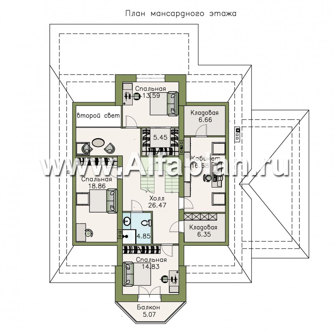 Проекты домов Альфаплан - «Валдай» - мансардный дом с гаражом и красивым эркером - план проекта №2