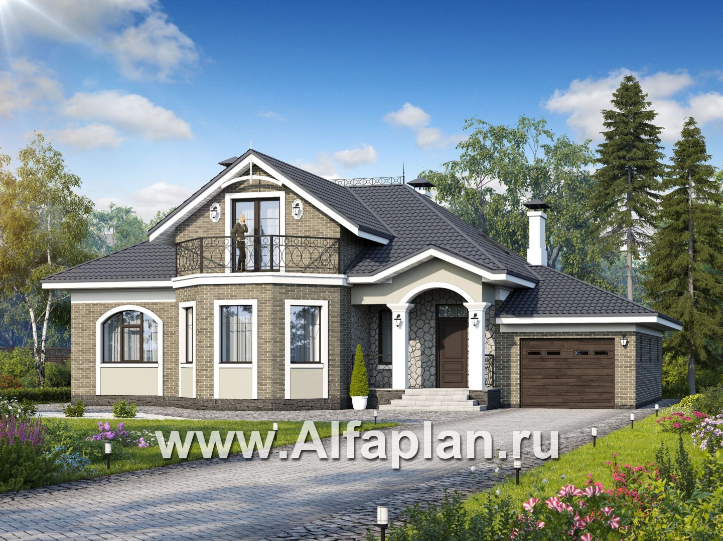 Проекты домов Альфаплан - «Валдай» - мансардный дом с гаражом и красивым эркером - основное изображение