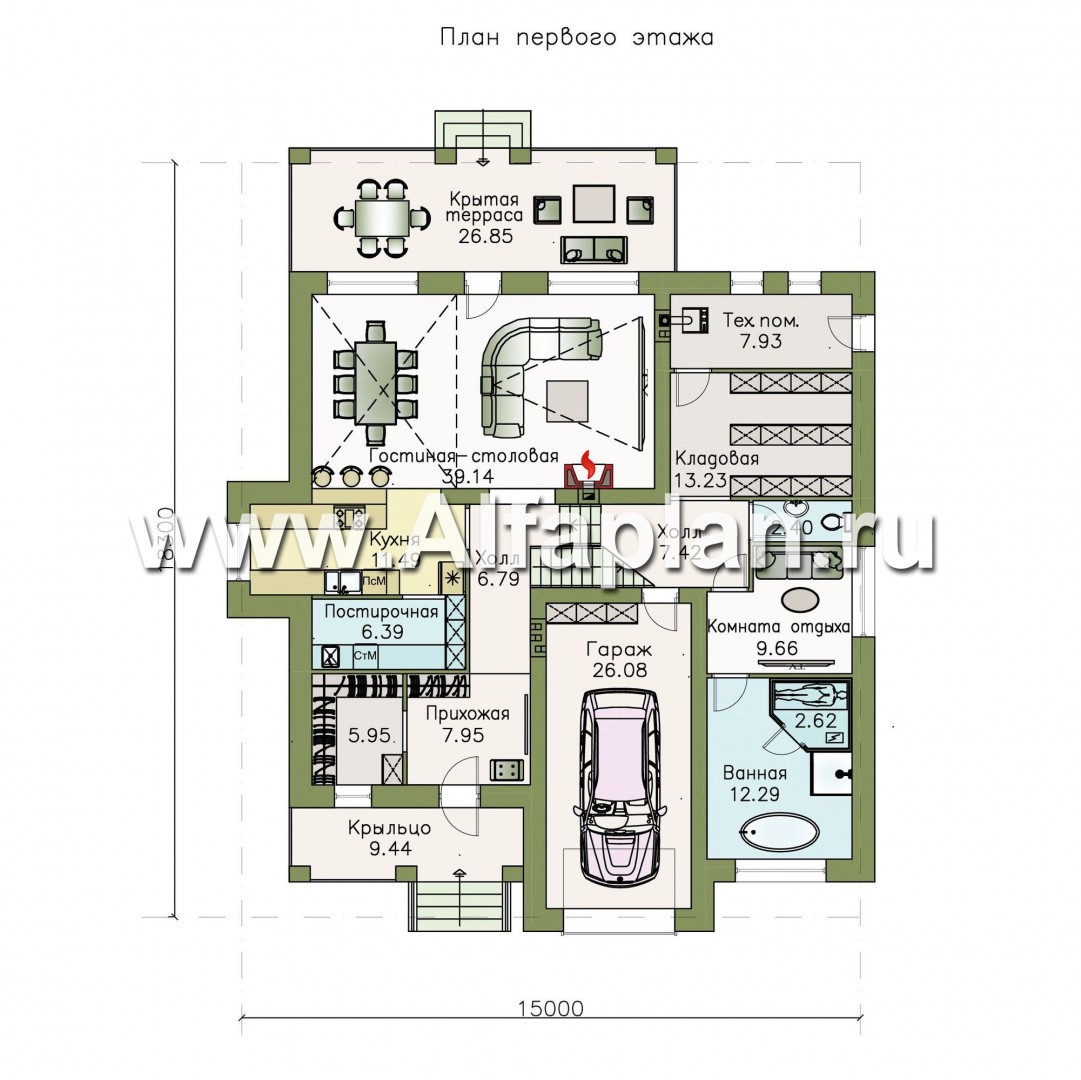 Проекты домов Альфаплан - «Мажестик» - современный коттедж в полтора этажа с гаражом - изображение плана проекта №1