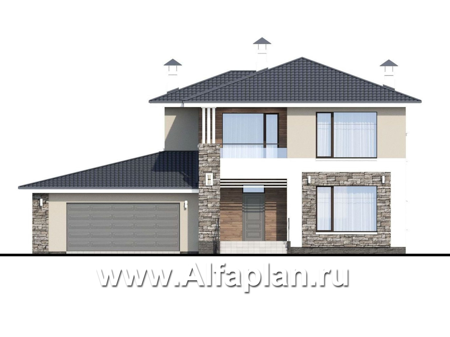 Проекты домов Альфаплан - «Выбор русалки» - современный комфортабельный дом с большим гаражом - изображение фасада №1