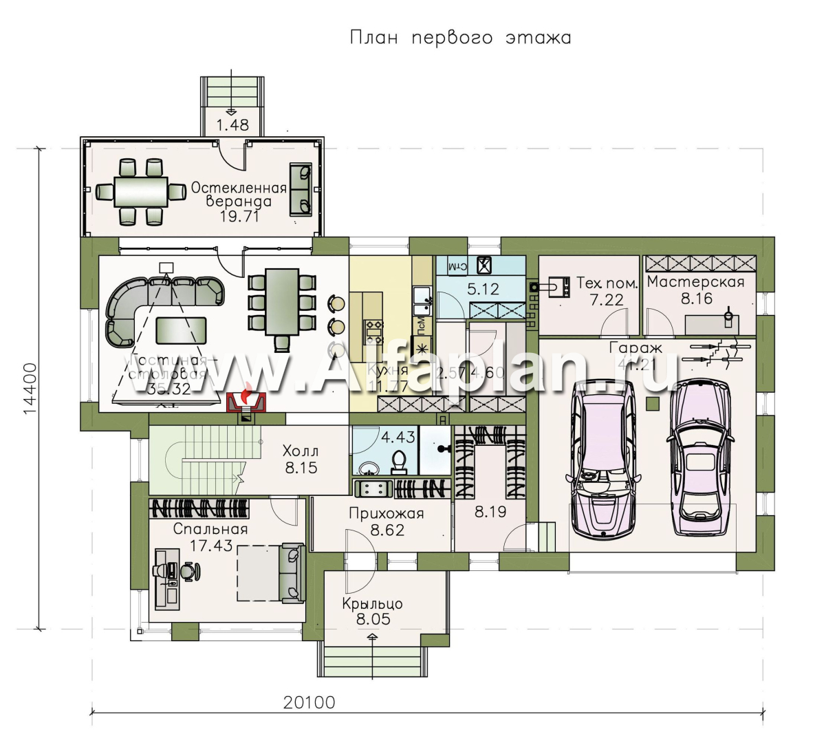 Проекты домов Альфаплан - «Прайд» - современный коттедж с остекленной верандой и гаражом - план проекта №1