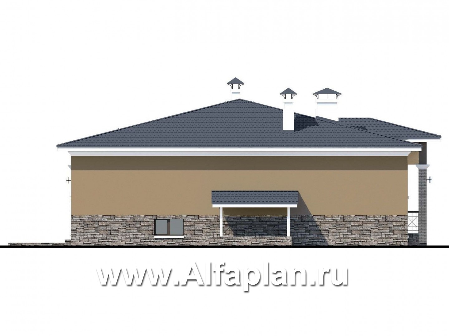 Проекты домов Альфаплан - «Суверен» - полутораэтажный коттедж с небольшим цоколем и мансардой - изображение фасада №3