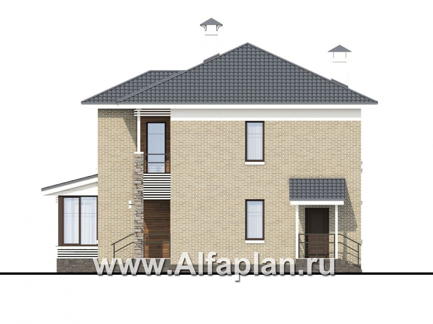 Проекты домов Альфаплан - «Летний вечер» - современный двухэтажный коттедж с верандой - изображение фасада №2
