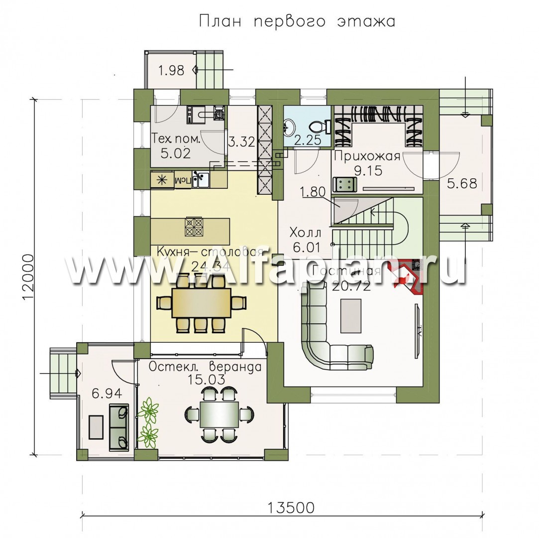 Проекты домов Альфаплан - «Belissimo» - современный двухэтажный дом с удобной верандой - изображение плана проекта №1