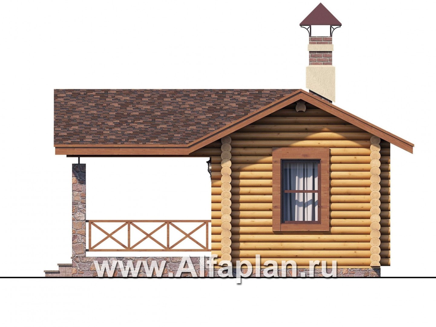 Проекты домов Альфаплан - Баня из бревен с большой крытой верандой - изображение фасада №2