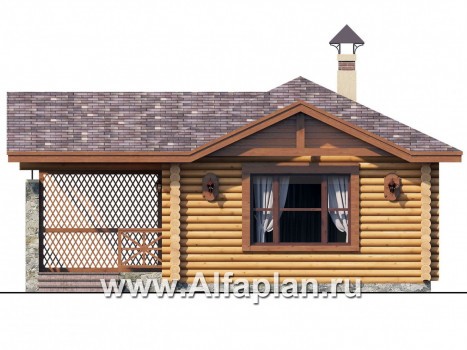 Проекты домов Альфаплан - Баня из бревен с террасой для небольшого участка - превью фасада №1