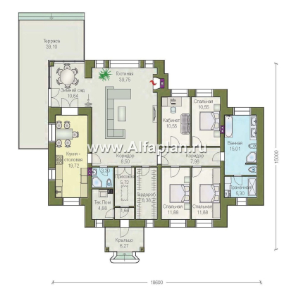 Проекты домов Альфаплан - «Поместье» - одноэтажный дом с удобной планировкой - превью плана проекта №1