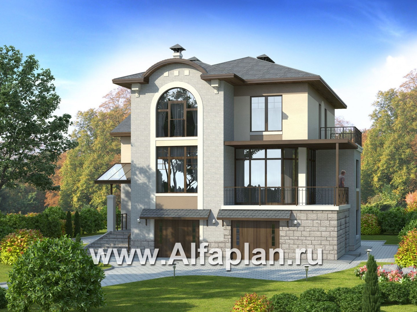 Проекты домов Альфаплан - «Юсупов» - особняк с просторной гостиной - основное изображение