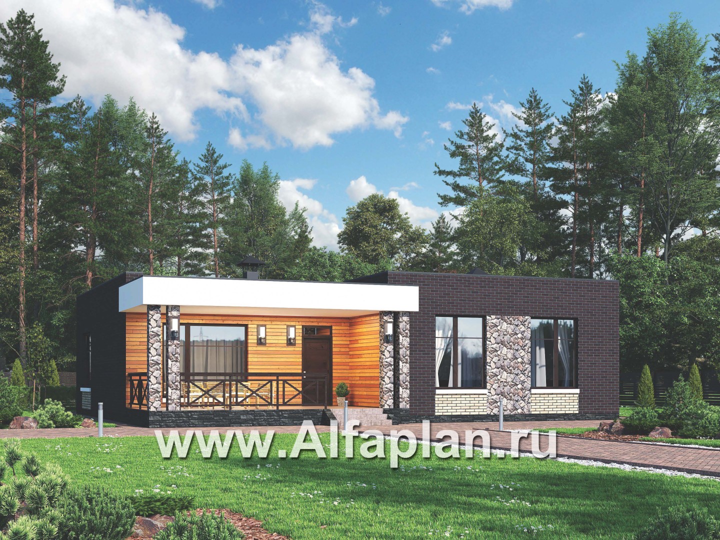 Проекты домов Альфаплан - «Риверсайд» - стильный одноэтажный коттедж с мастер-спальней - основное изображение