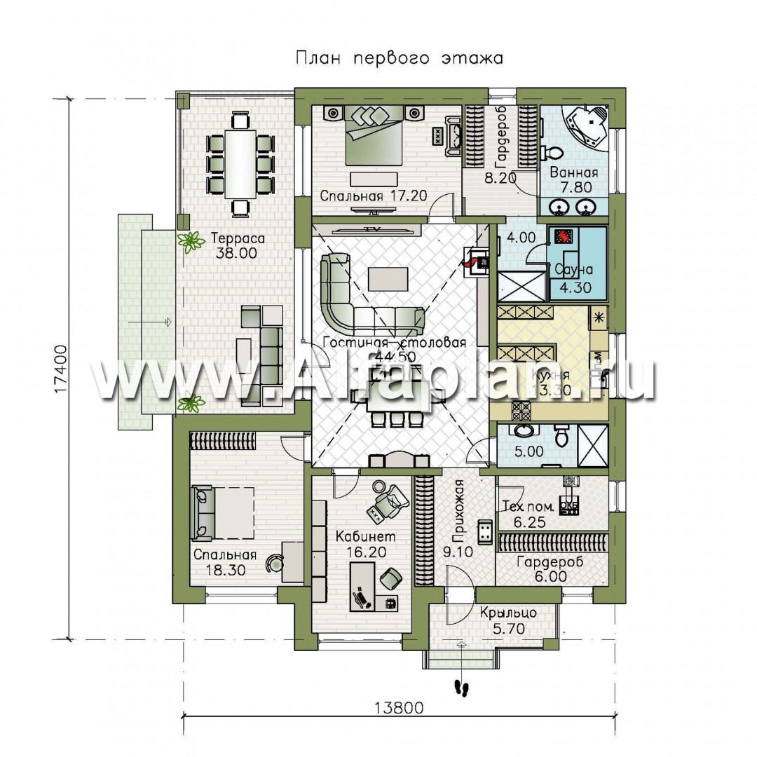 Проекты домов Альфаплан - «Ангара» - стильный одноэтажный коттедж с террасой - план проекта №1