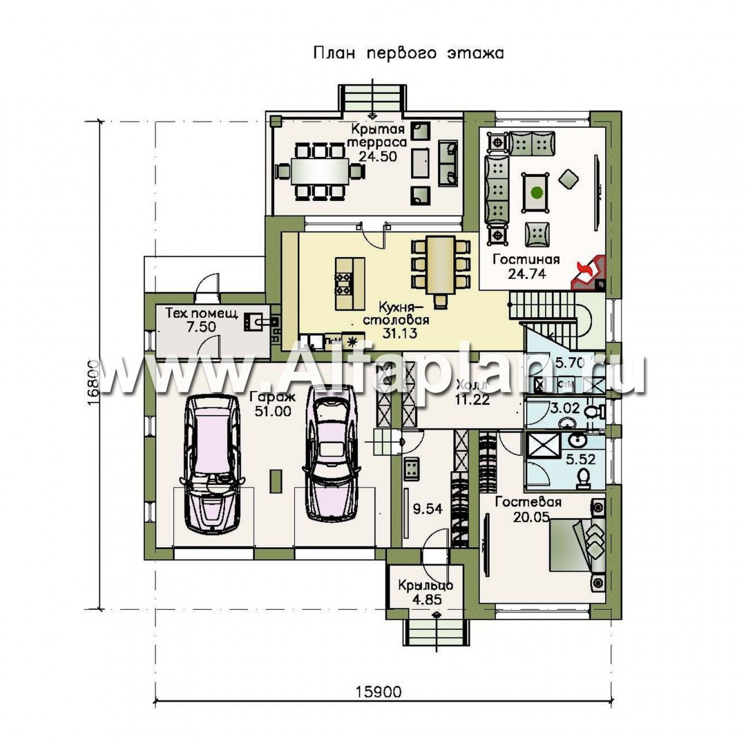 Проекты домов Альфаплан - «Родос» - стильный двухэтажный дома с гаражом на две машины - план проекта №1