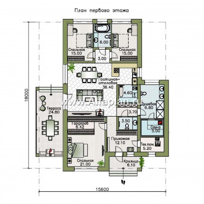 Проекты домов Альфаплан - «Юкон» - просторный одноэтажный коттедж с террасой - превью плана проекта №1