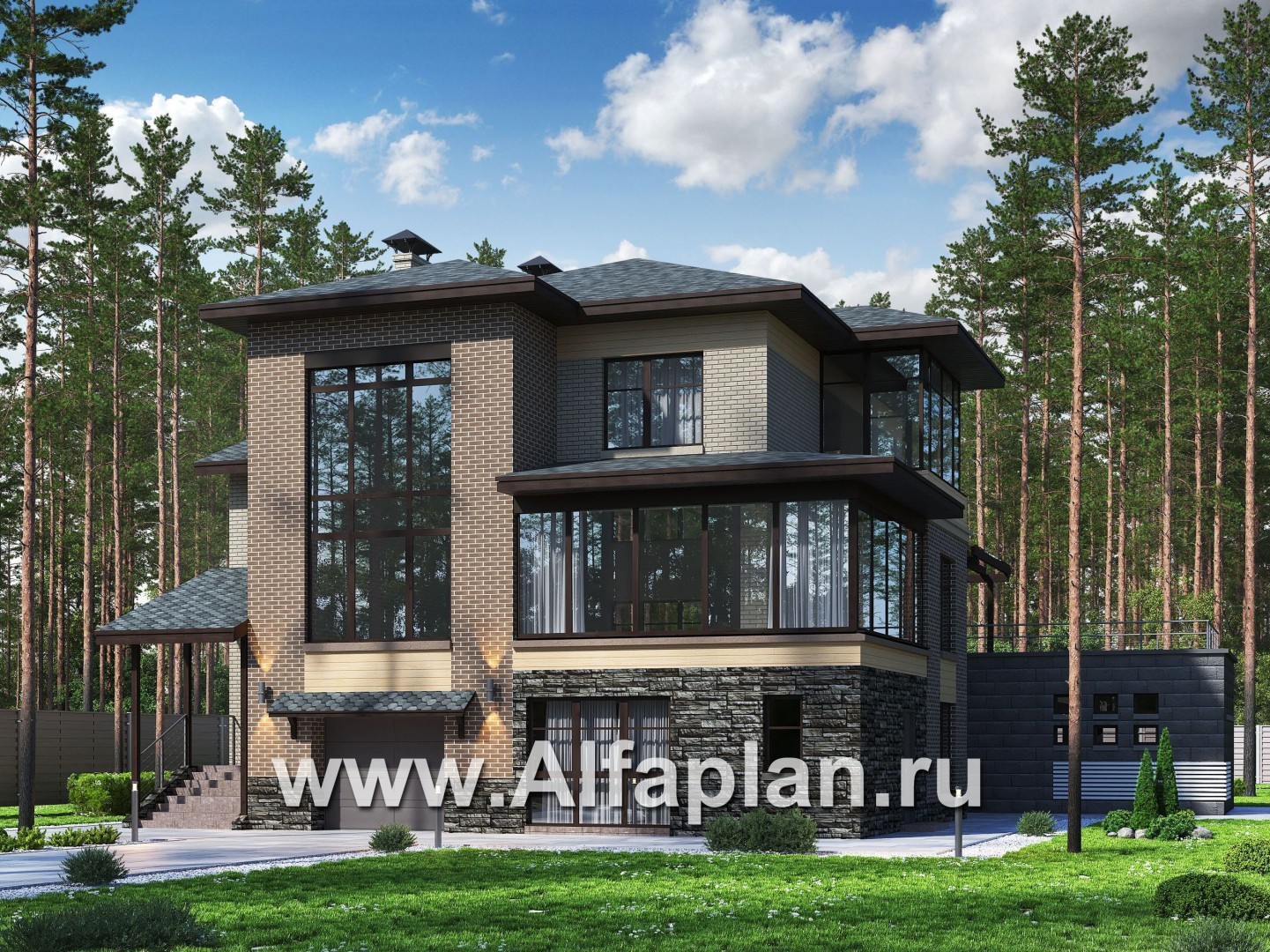 Проекты домов Альфаплан - «Амур» - трехэтажный особняк с гаражом и бассейном - основное изображение