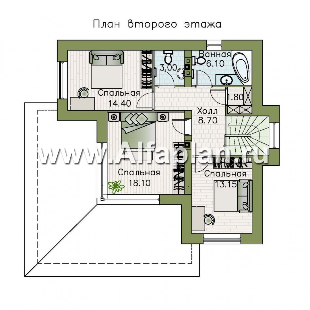 Проекты домов Альфаплан - «Квантум» - двухэтажный дом с большой террасой,  с комнатой на 1-ом этаже - план проекта №2