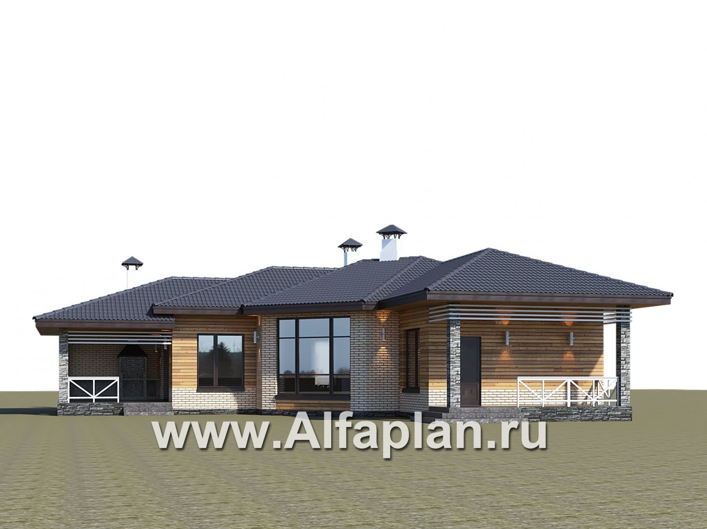 Проекты домов Альфаплан - "Ореол" - проект углового одноэтажного дома с террасой - дополнительное изображение №1