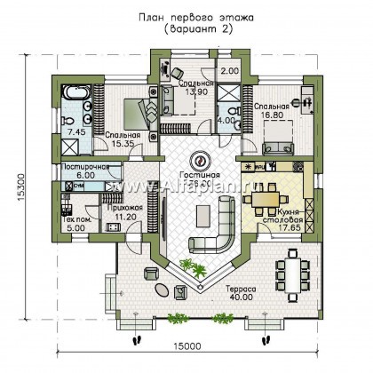 Проекты домов Альфаплан - «Вектор» - одноэтажный дом с большим остеклением гостиной - превью плана проекта №2
