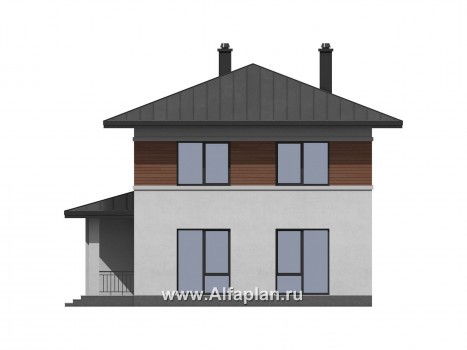 Проект двухэтажного дома из газобетона, планировка с кабинетом на 1 эт и с террасой, с гаражом на 1 авто - превью фасада дома