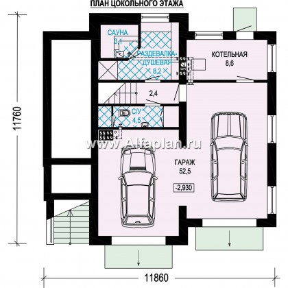 Проект трехэтажного дома, с гаражом на 2 авто в цоколе на уровне земли, в современном стиле - превью план дома