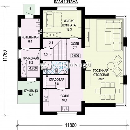 Проект двухэтажного дома, планировка с лестницей в центре, в современном стиле - превью план дома