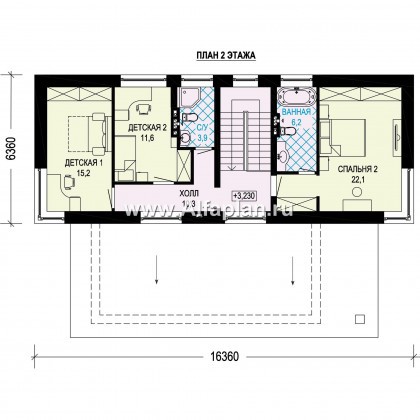 Проект современного загородного дома, планировка с высокой гостиной, две спальни на 1 эт - превью план дома