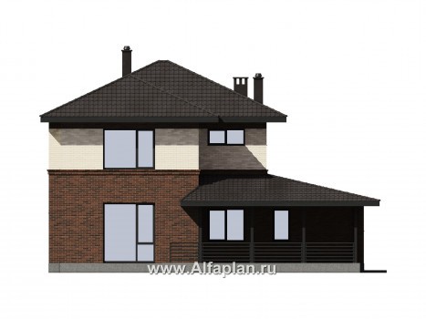 Проект двухэтажного дома из газобетона или кирпича, с террасой и с гаражом, в современном стиле - превью фасада дома