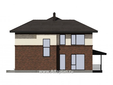 Проект двухэтажного дома из газобетона или кирпича, с террасой и с гаражом, в современном стиле - превью фасада дома