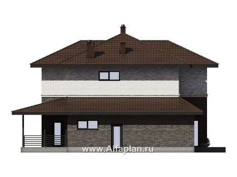 Проект двухэтажного дома из газобетона или кирпича, с террасой и гостевой квартирой - превью фасада дома