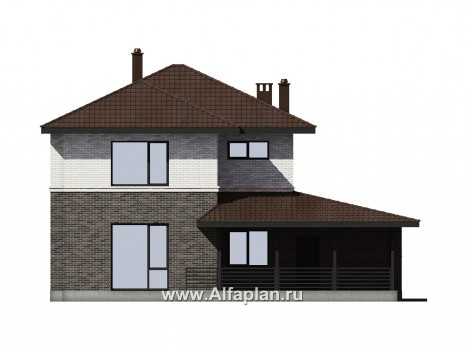 Проект двухэтажного дома из газобетона или кирпича, с террасой и гостевой квартирой - превью фасада дома