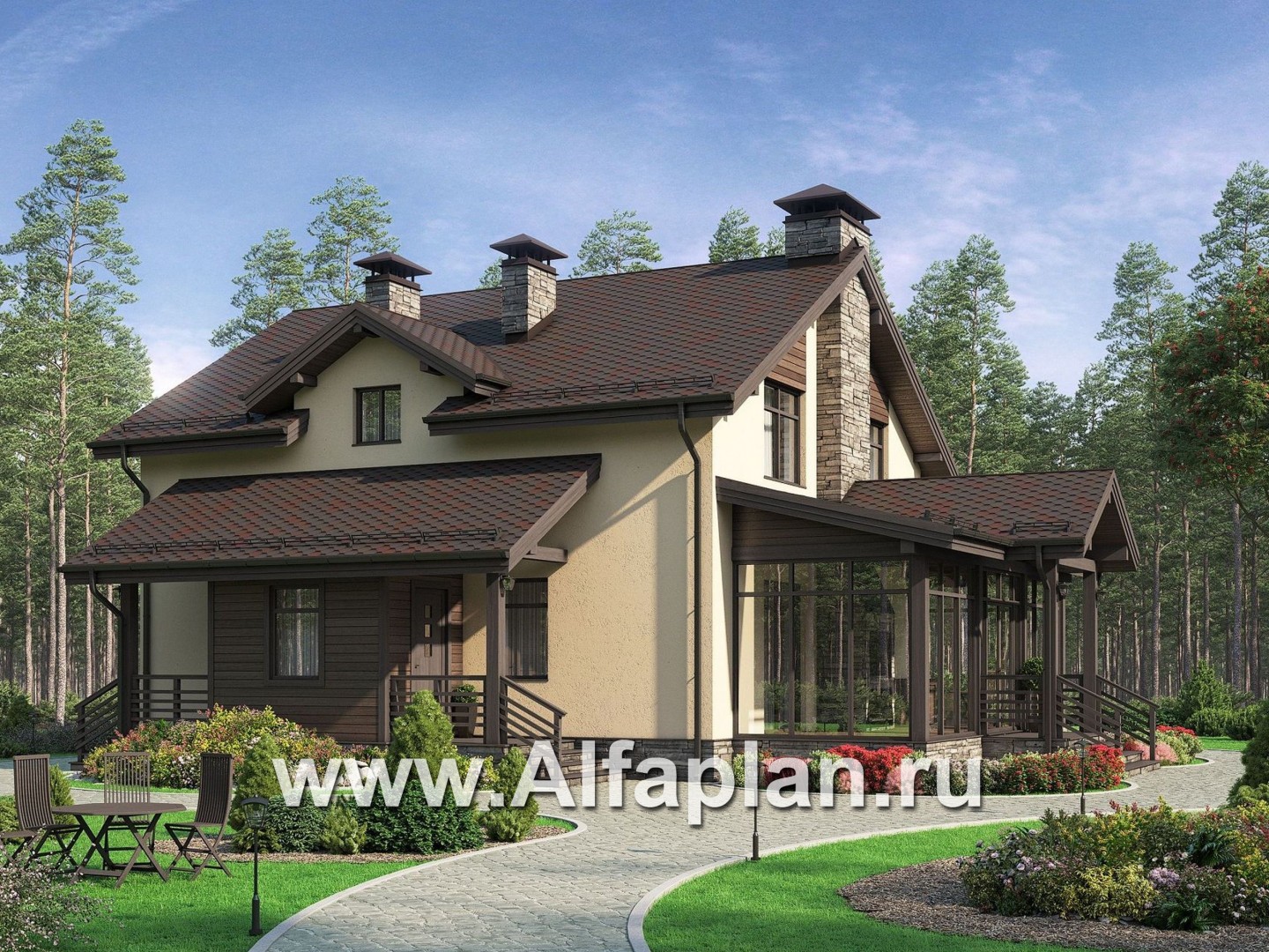 Проекты домов Альфаплан - Проект мансардного дома с барбекю на террасе - дополнительное изображение №1