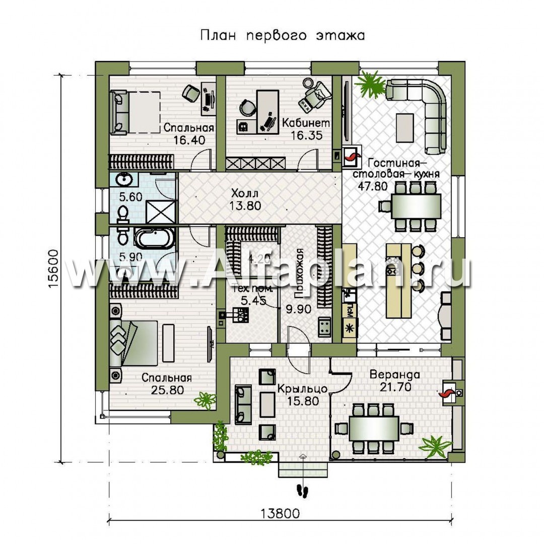 Проекты домов Альфаплан - «Фортис» - одноэтажный дом с плоской кровлей - план проекта №1