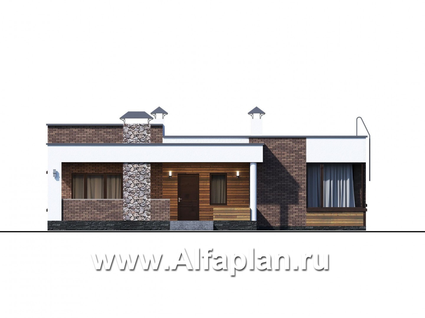Проекты домов Альфаплан - «Фортис» - одноэтажный дом с плоской кровлей, и грилем на террасе - изображение фасада №1
