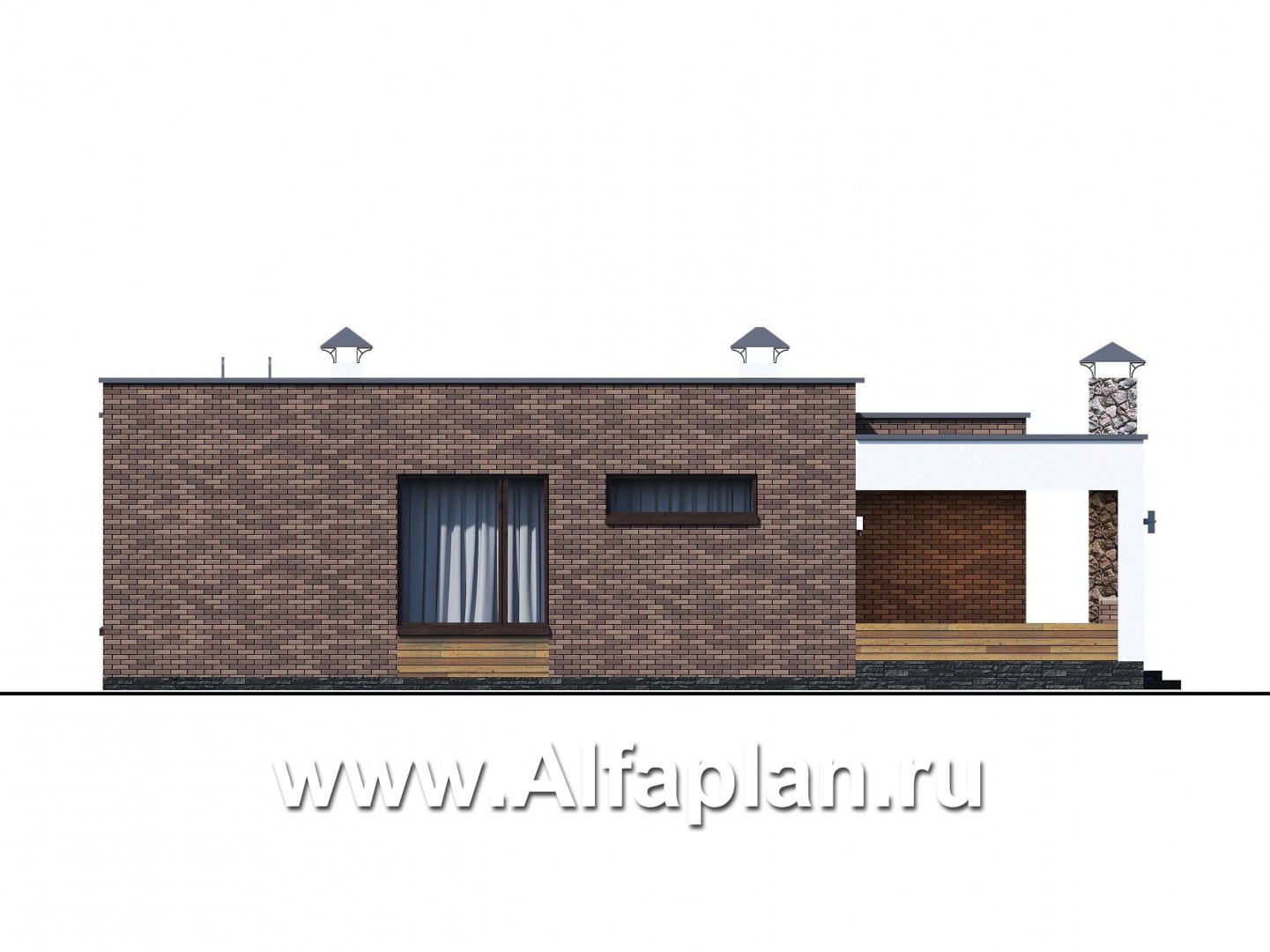 Проекты домов Альфаплан - «Фортис» - одноэтажный дом с плоской кровлей, и грилем на террасе - изображение фасада №4
