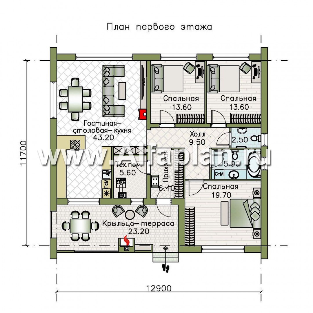 Проекты домов Альфаплан - «Веда» - проект одноэтажного дома в стиле барн (три спальни) - план проекта №1