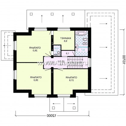 Проект дома с мансардой, план с эркером и с террасой, с гаражом и с сауной в цокольном этаже - превью план дома