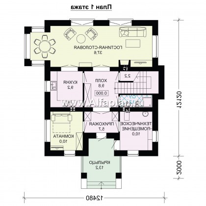 Проект двухэтажного дома, планировка со  спальней на 1 эт, с террасой и с эркером - превью план дома