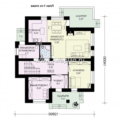 Проект двухэтажного дома, планировка с кабинетом, с террасой, в современном стиле - превью план дома