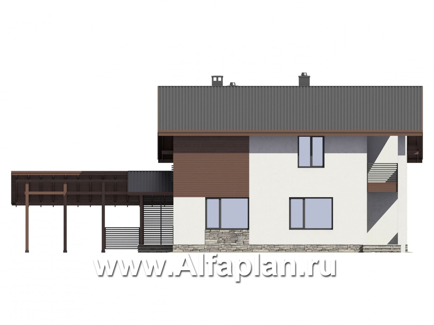 Проекты домов Альфаплан - Проект экономичного дома с навесом для машины - изображение фасада №2