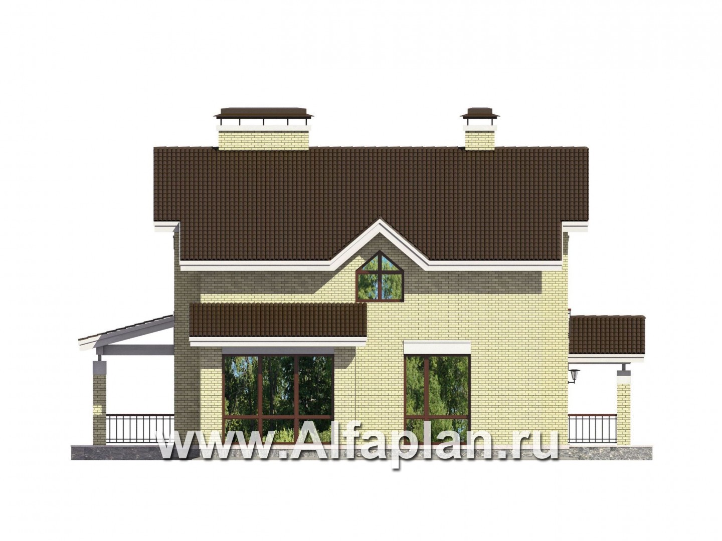 Проекты домов Альфаплан - Проект кирпичного коттеджа с навесом для машины - изображение фасада №2