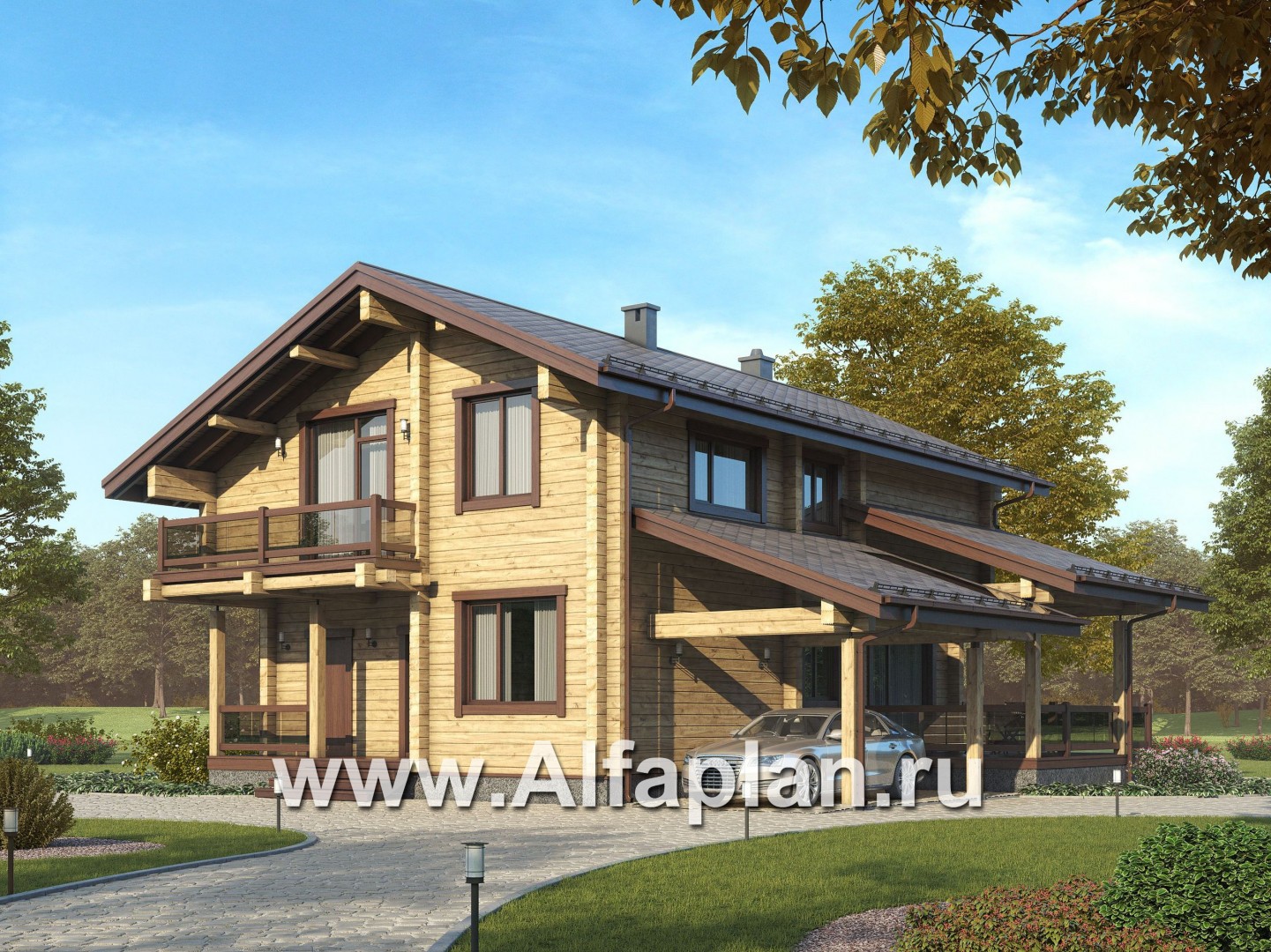 Проекты домов Альфаплан - Проект дома из бруса с навесом для машины и угловой террасой - основное изображение