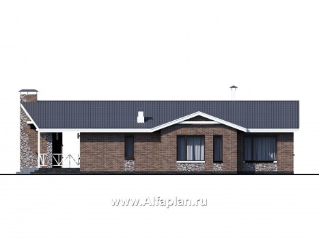 «Гестия» - проект одноэтажного дома, с барбекью на террасе, с двускатной крышей - превью фасада дома