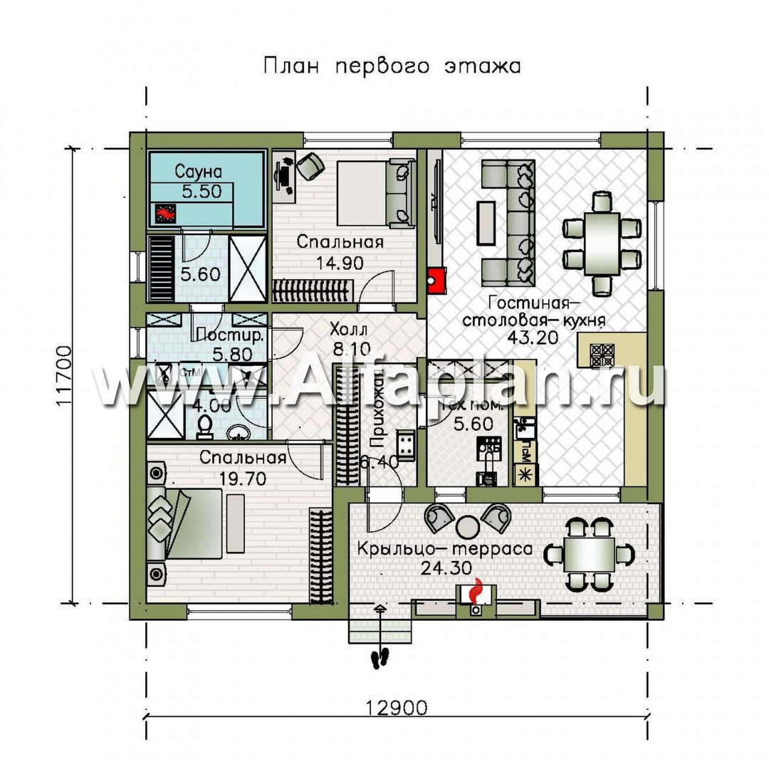 Проекты домов Альфаплан - «Веда» - проект одноэтажного дома с сауной - изображение плана проекта №1