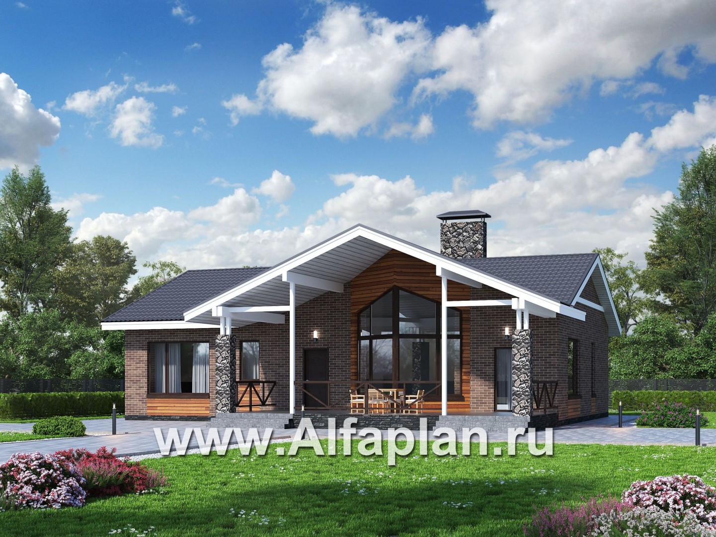 Проекты домов Альфаплан - «Бережки» - одноэтажный коттедж:  удачный план дома, красивый фасад - основное изображение